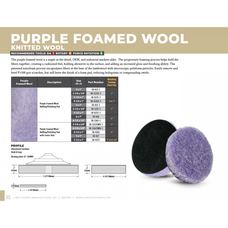 Lake Country Purple Foamed Wool - leštící kotouč z vlny impregnovaný pěnou - Průměr: 89 mm