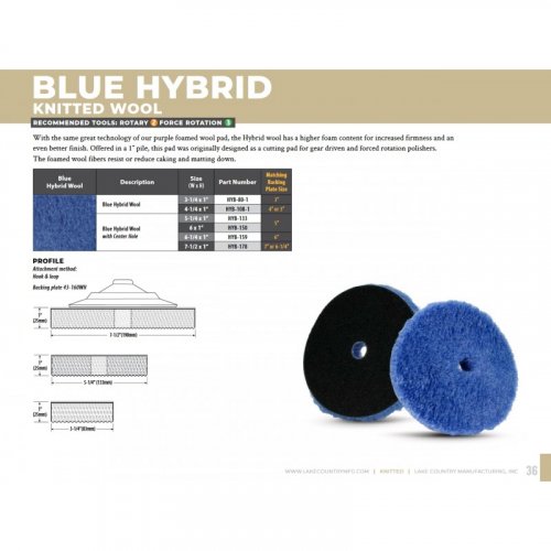 Lake Country Blue Hybrid wool pad - leštící kotouč z vlny impregnovaný pěnou - Průměr: 159 mm